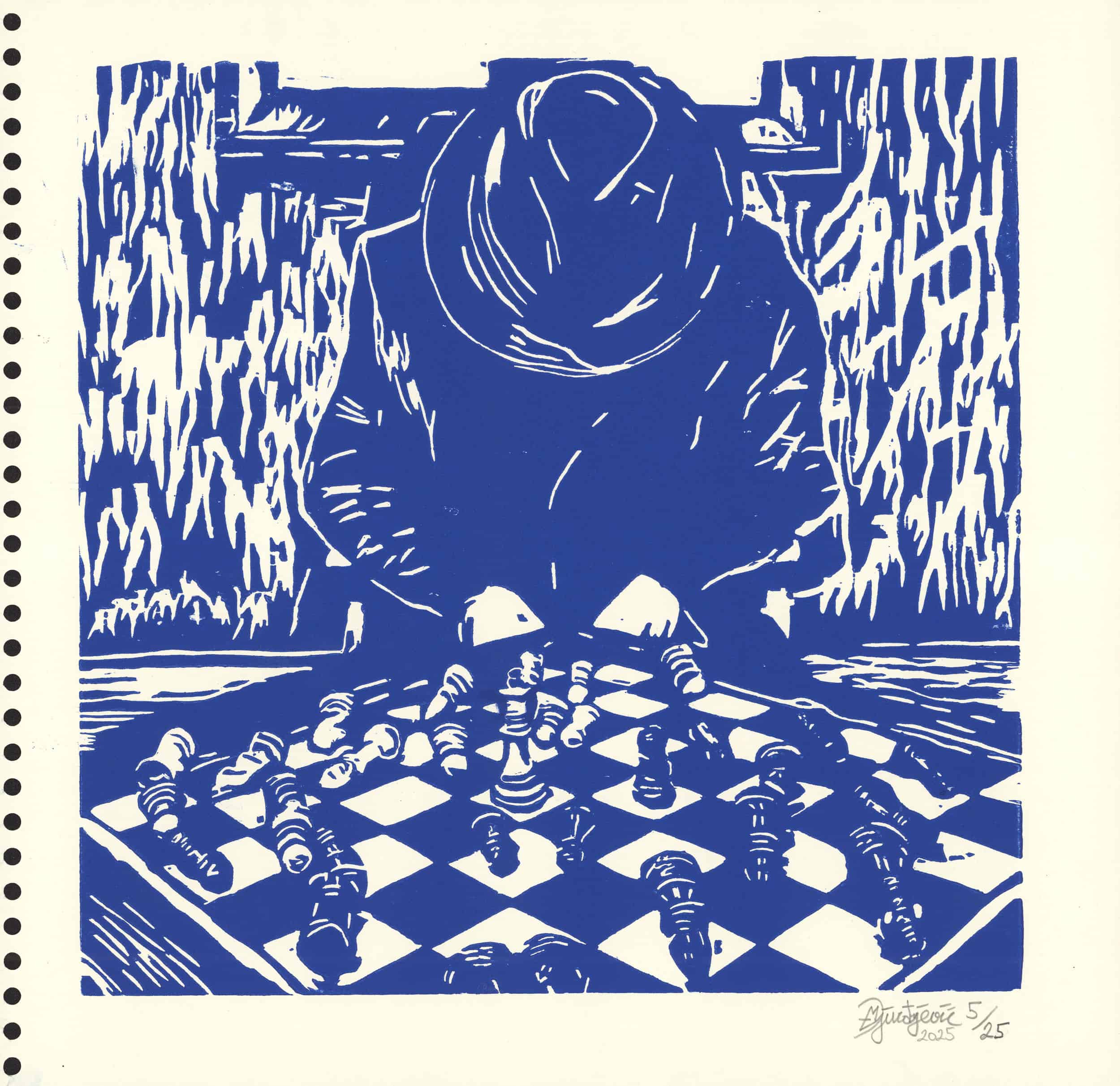 Djurdjevic Marko - Djurdjevic, Zwischen Zug und Zögern (Holzschnitt), 2025.